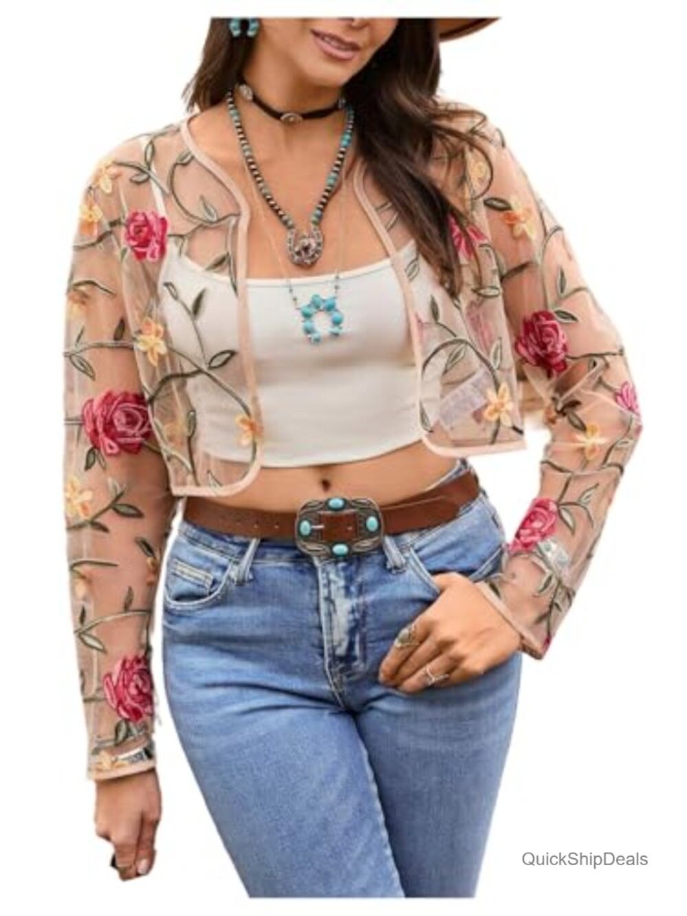Floral Embroidered Sheer Mesh Open Front Crop Jacket Long Sleeve Cardigan